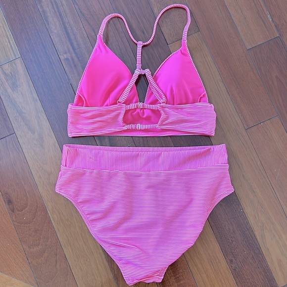 Juniors two piece swimsuit size large. Pink and white stripe high waisted suit. - Picture 2 of 8